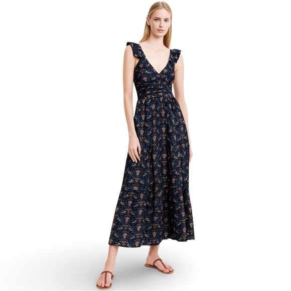 NWT CAROLINE CONSTAS Floral Cotton Poplin Ruffled Maxi Dress Sz L